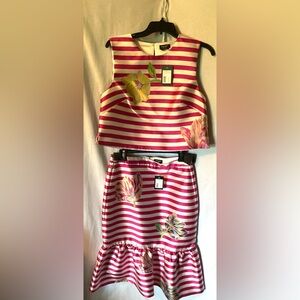 Kate Spade Striped Floral Crop Jacquard Top & Midi Skirt-Rosa Plum  M NWT